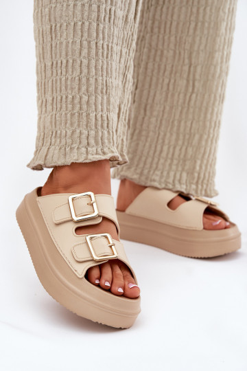 Women's Platform Sandals with Golden Buckles Beige Zorila
