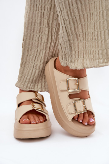 Women's Platform Sandals with Golden Buckles Beige Zorila 2