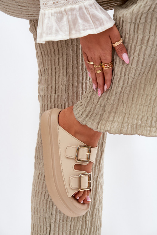 Women's Platform Sandals with Golden Buckles Beige Zorila