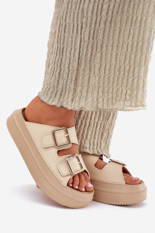 Women's Platform Sandals with Golden Buckles Beige Zorila