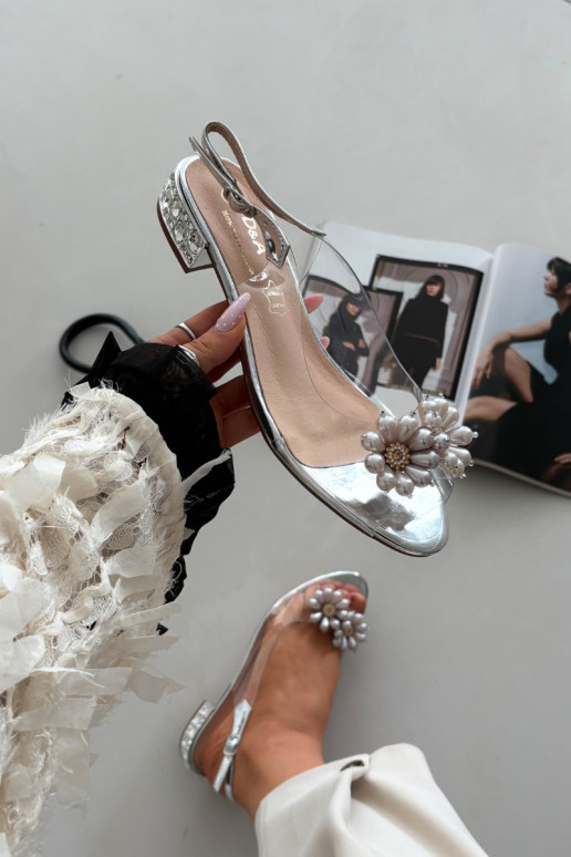 Transparent low heel sandals with decorative details D&A MR52-229 silver