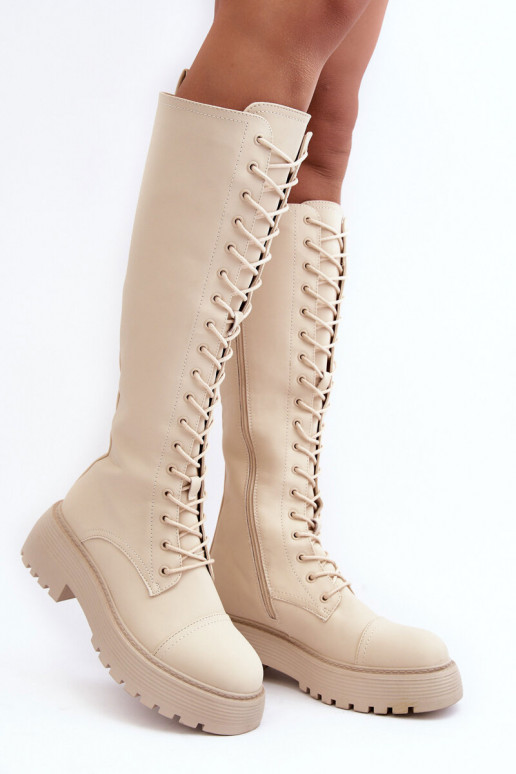 Women's Laced Insulated Boots Glany Above Knee Beige Bergdis