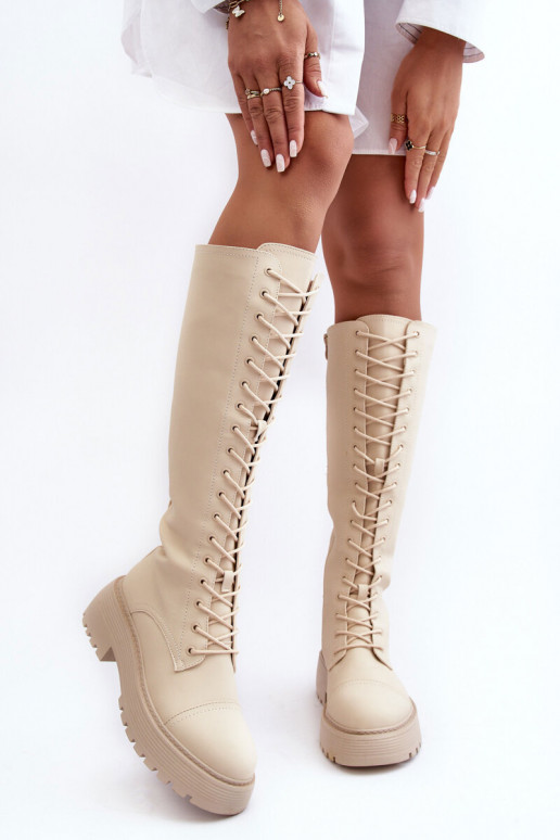 Women's Laced Insulated Boots Glany Above Knee Beige Bergdis