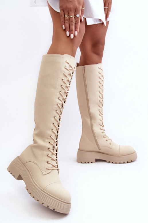 Women's Laced Insulated Boots Glany Above Knee Beige Bergdis