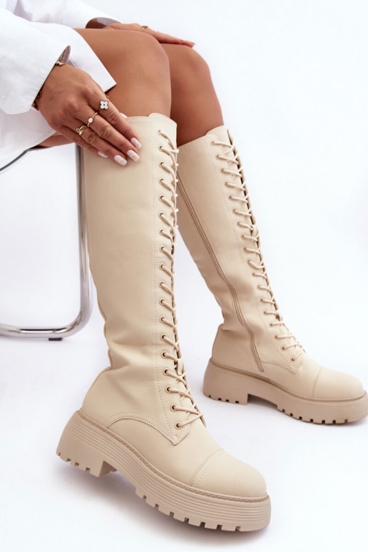 Women's Laced Insulated Boots Glany Above Knee Beige Bergdis