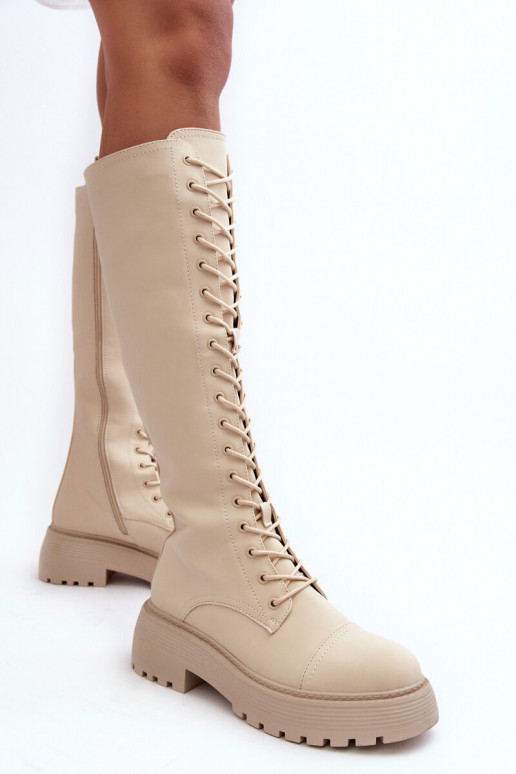 Women's Laced Insulated Boots Glany Above Knee Beige Bergdis