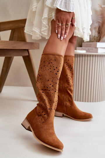 Women's Low Heel Cutout Boots in Faux Suede with Zip Closure Camel Orchides 2