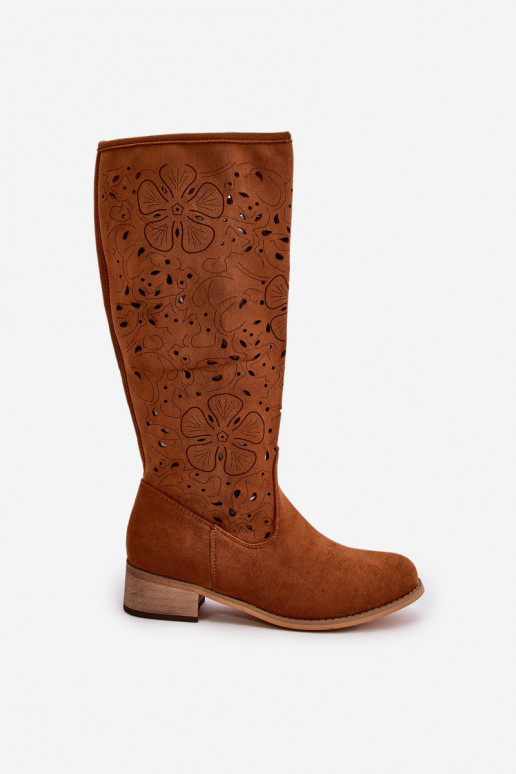 Women's Low Heel Cutout Boots in Faux Suede with Zip Closure Camel Orchides