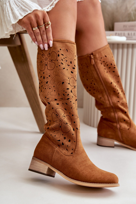 Women's Low Heel Cutout Boots in Faux Suede with Zip Closure Camel Orchides