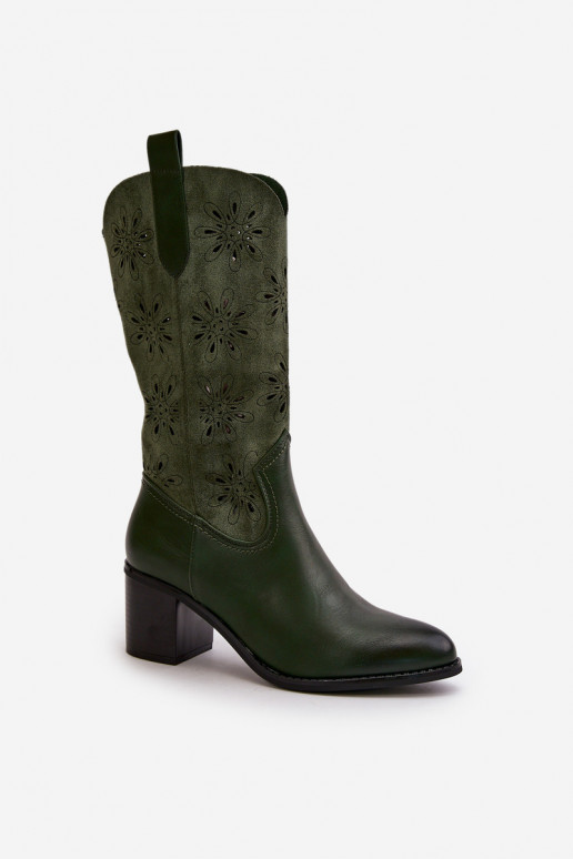Women s perforated knee-high boots made of eco suede green Nevilos