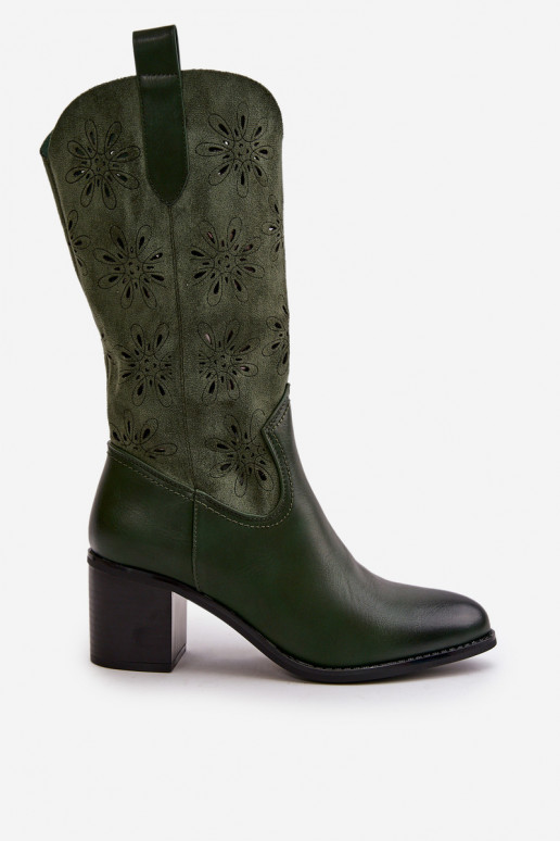 Women s perforated knee-high boots made of eco suede green Nevilos