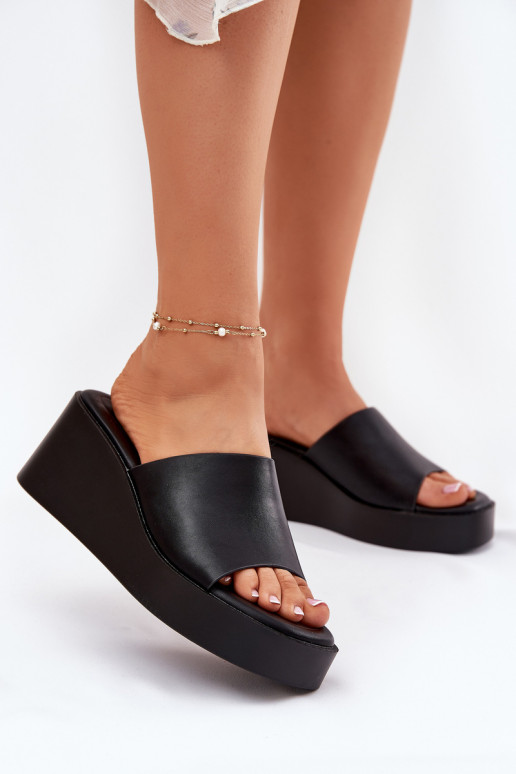 Wedge Heeled Ladies Sandals Eco Leather Black Obenae