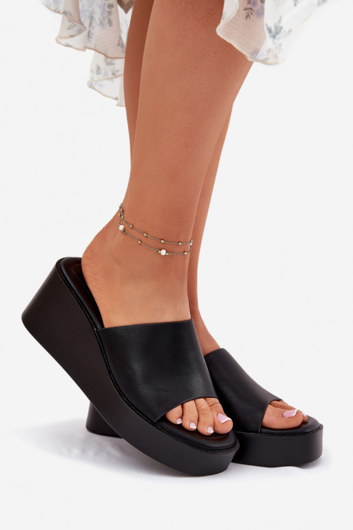 Wedge Heeled Ladies Sandals Eco Leather Black Obenae