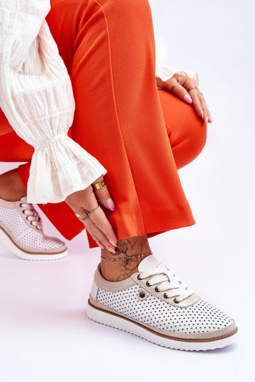 Fashionable Leather Openwork Sports Shoes White and Gold Cantare 2