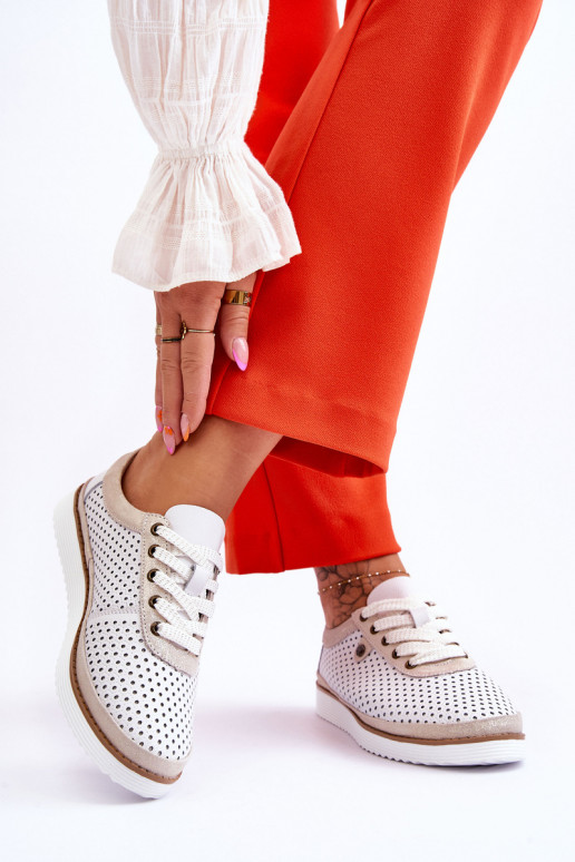 Fashionable Leather Openwork Sports Shoes White and Gold Cantare