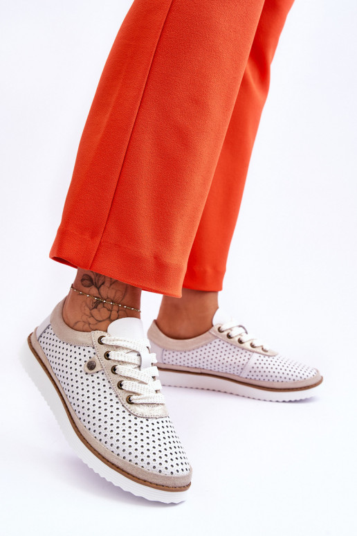 Fashionable Leather Openwork Sports Shoes White and Gold Cantare