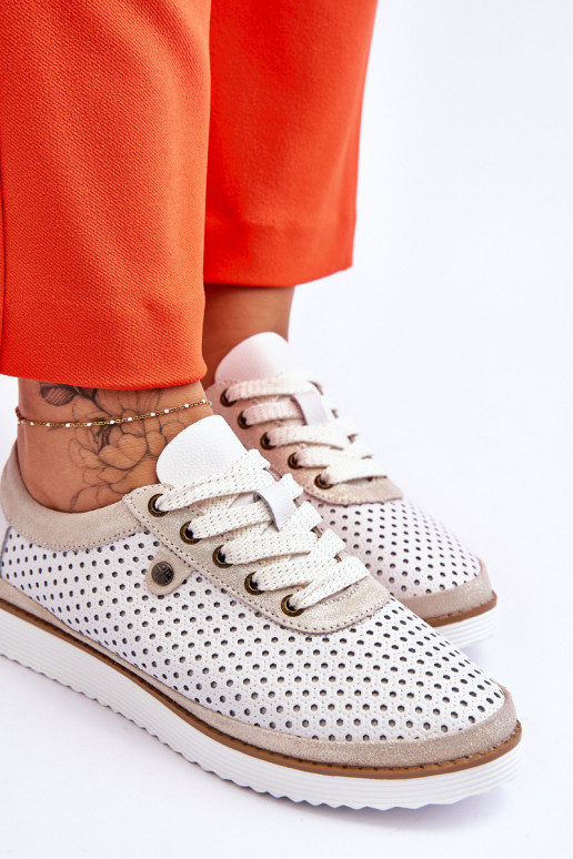 Fashionable Leather Openwork Sports Shoes White and Gold Cantare