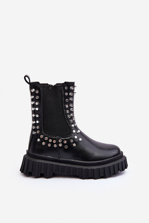 Girls' Heeled Ankle Boots Decorated with Rhinestones Black Adelie
