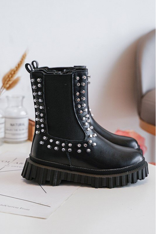 Girls' Heeled Ankle Boots Decorated with Rhinestones Black Adelie