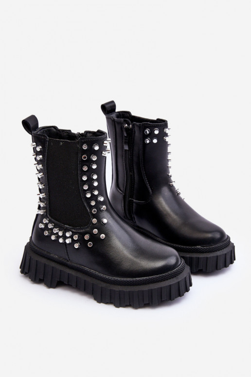 Girls' Heeled Ankle Boots Decorated with Rhinestones Black Adelie