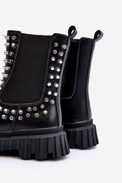 Girls' Heeled Ankle Boots Decorated with Rhinestones Black Adelie