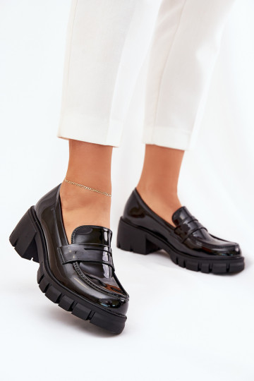 Lacquered Women's Half Shoes On Chunky Heel Black Felonith