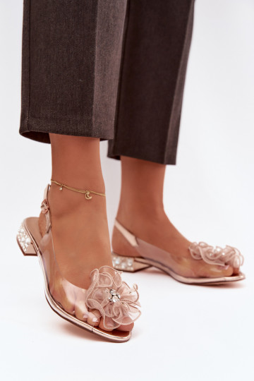 Transparent low heel sandals with crystals and decoration D&A MR52-230 pink gold