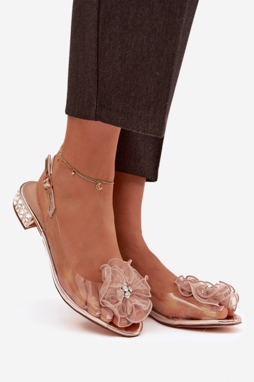 Transparent low heel sandals with crystals and decoration D&A MR52-230 pink gold