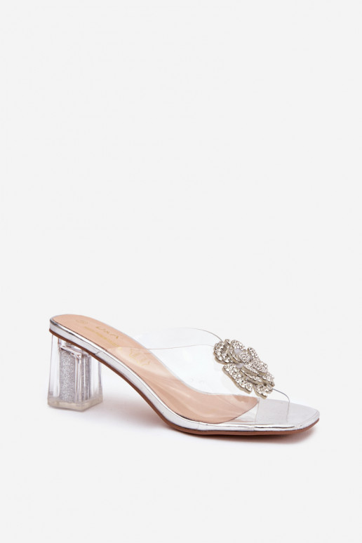 Transparent Block Heels Sandals with Decoration D&A MR1037-20 Silver