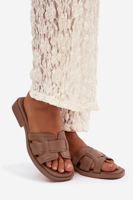 Klapki Damskie Na Płaskim Obcasie Ciemnobeżowe Lorania