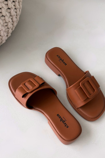 Klapki Damskie Na Płaskim ObcasiewithKlamrą Camel Melivra 2
