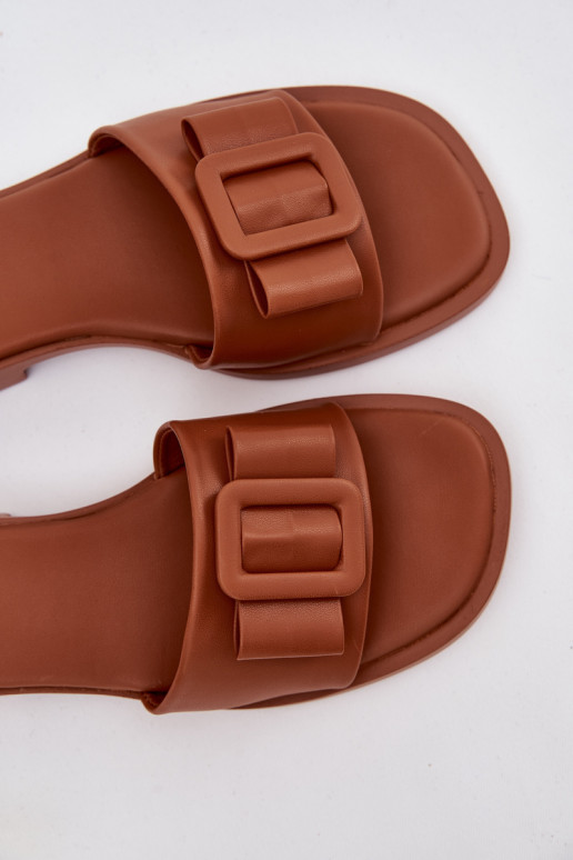 Klapki Damskie Na Płaskim ObcasiewithKlamrą Camel Melivra