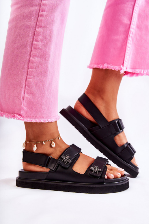 Damskie Skórzane SandaływithOzdobą Czarne Elly