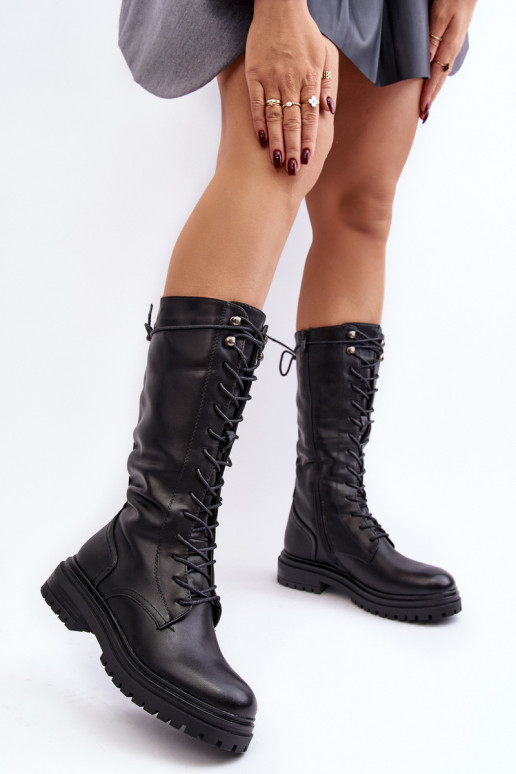 Women's mid-calf lace-up black combat boots Elavettsa