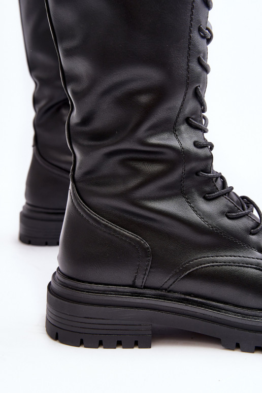 Kozaki Glany Damskie Do Połowy Łydki Sznurowane Czarne Elavettsa