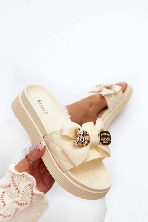 Women's Beige Slippers with Bow and Bear Katterina