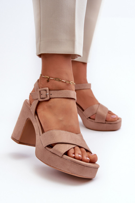 Women's sandals in faux suede on a stiletto and platform in dark beige Sakane