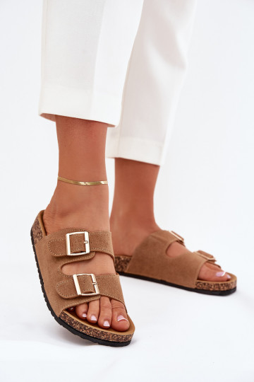 Ladies Slippers With Golden Buckles And Stitching Light Brown Lunera 2