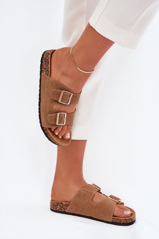 Ladies Slippers With Golden Buckles And Stitching Light Brown Lunera