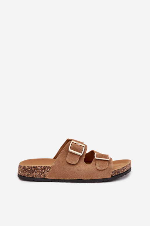 Ladies Slippers With Golden Buckles And Stitching Light Brown Lunera