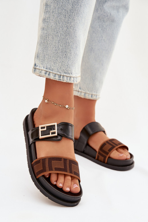 Women's Slippers With Gold Buckle Black Fiorisse