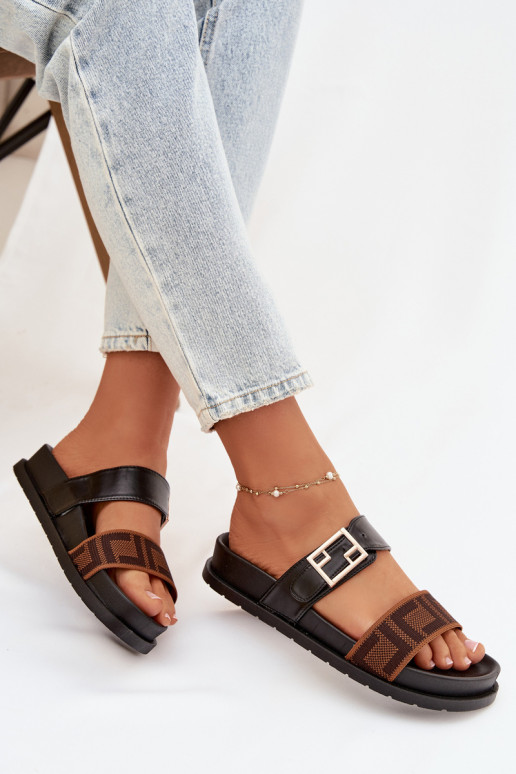 Women's Slippers With Gold Buckle Black Fiorisse