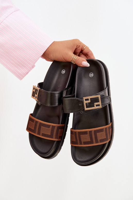 Women's Slippers With Gold Buckle Black Fiorisse