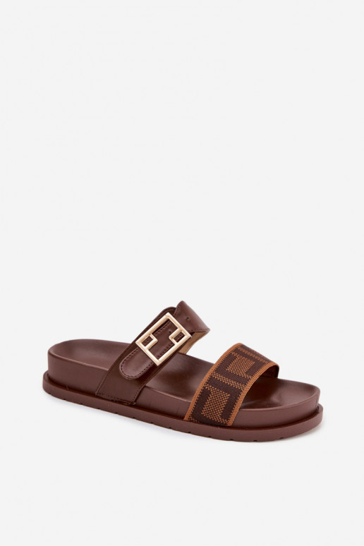 Klapki Damskie Ze Złotą Klamrą Brązowe Fiorisse