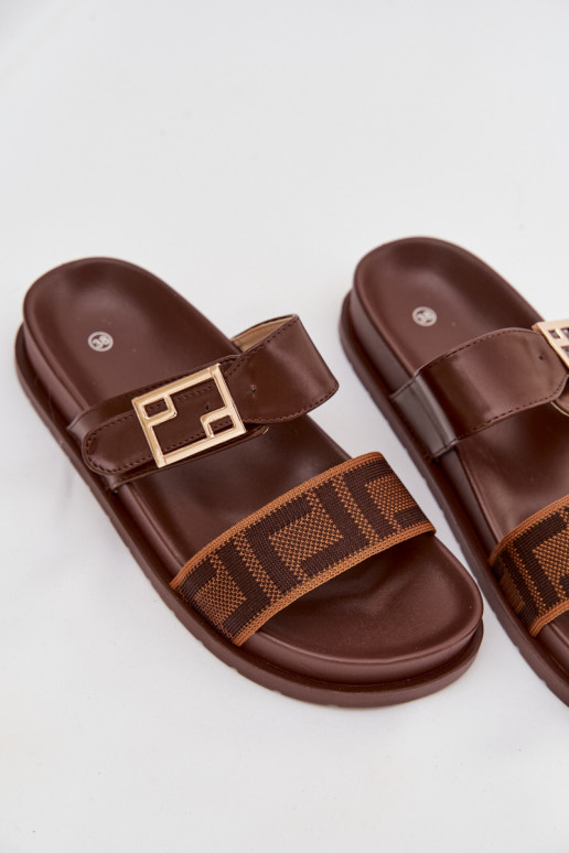 Women's Slippers With Gold Buckle Brown Fiorisse