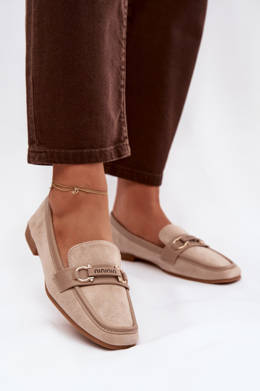 Mokasyny Loafersy Damskie Z Ozdobnym Elementem Beżowe Evelora