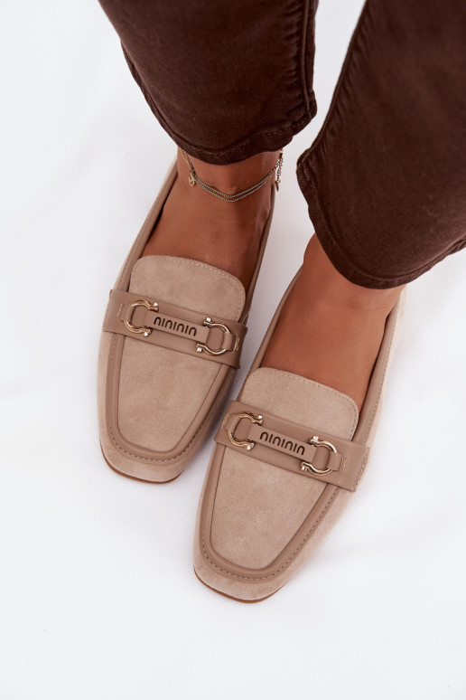 Mokasyny Loafersy DamskiewithOzdobnym Elementem Beżowe Evelora