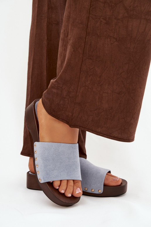 Klapki Damskie Ze Złotymi Ćwiekami Niebieskie Ferinna