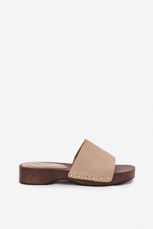 Women's slippers with gold nails beige Ferinna