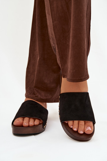 Women's Slippers with Gold Studs Black Ferinna